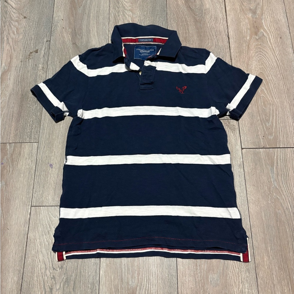 Men’s Y2K American Eagle Navy Blue Striped Polo Shirt Size Large